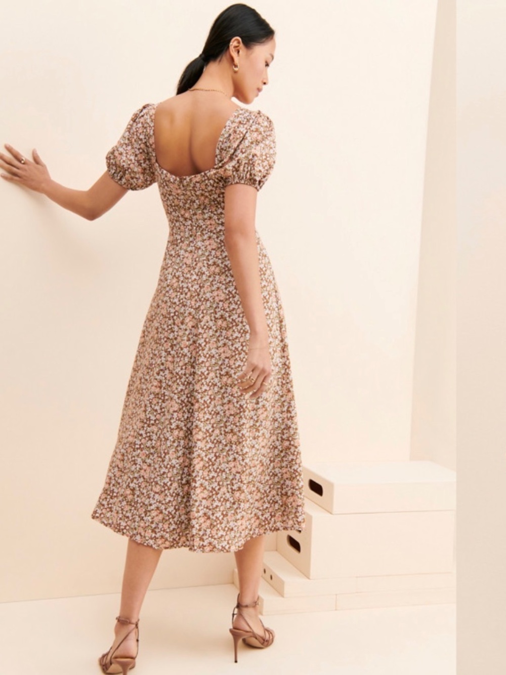 Lace Up Puff Sleeve Midi Dress
